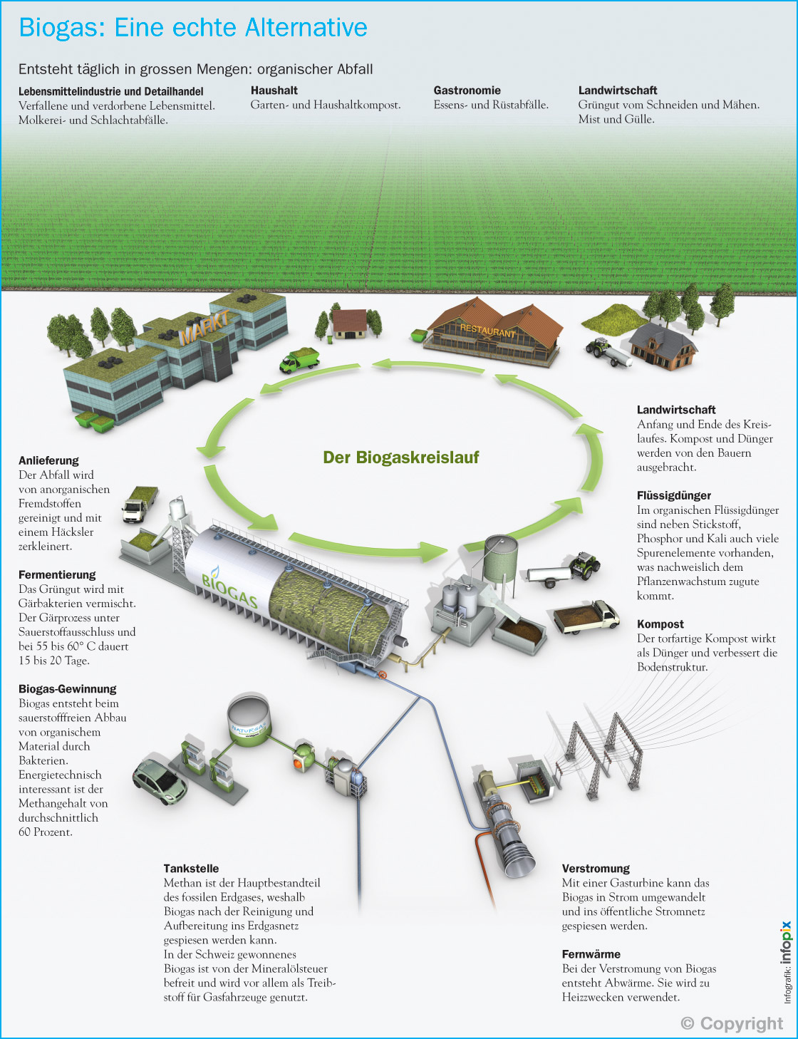 Vollseitige Infografik, erklärt der Biogas-Kreislauf, CASH INVEST