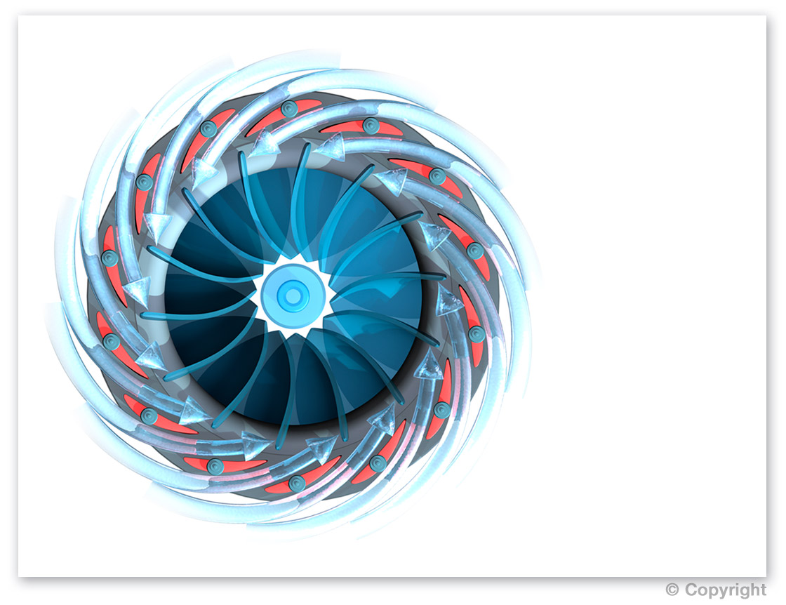 Francis-Turbine, 3D orthographische Darstellung mit Wasserdurchfluss